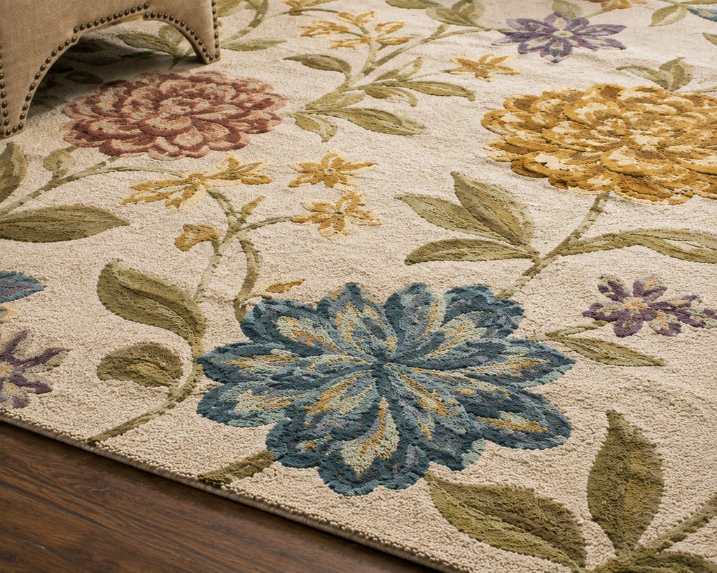 Textured Floral Rug on Wooden Floor Hand Tufted Carpets