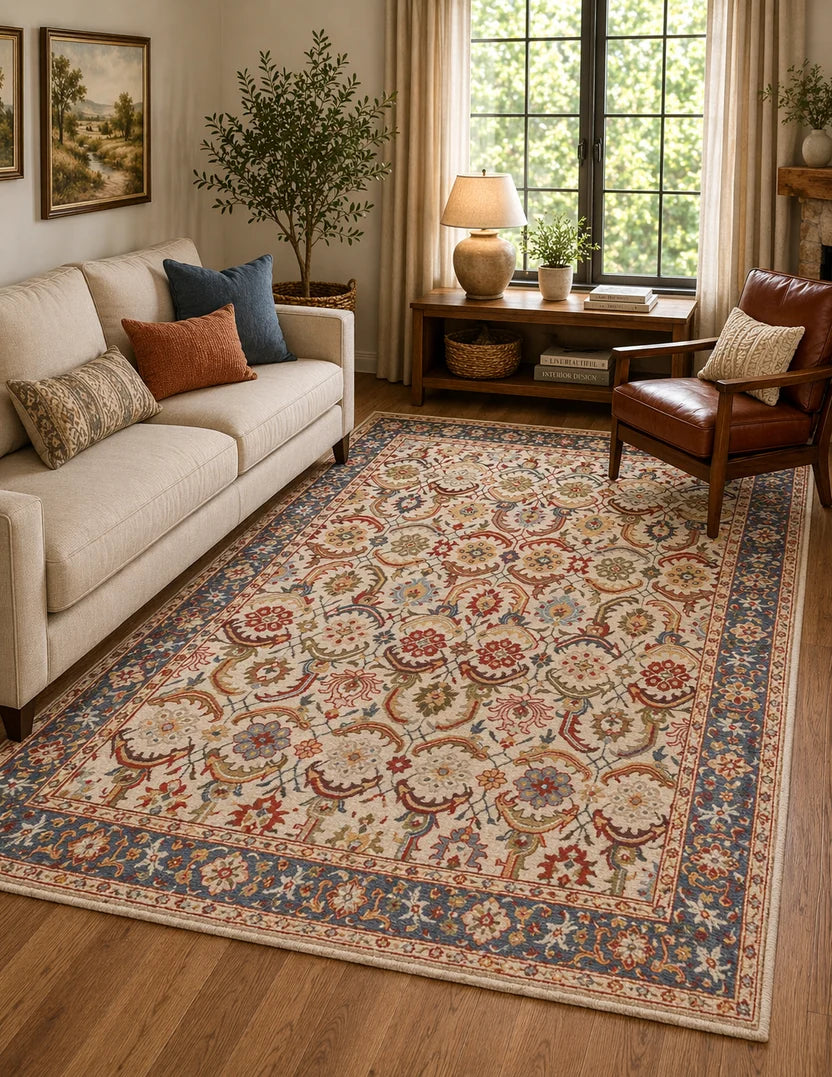 Vintage Beige Floral Border Rug Hand Tufted Carpet