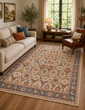 Vintage Beige Floral Border Rug Hand Tufted Carpet