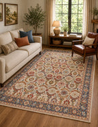 Vintage Beige Floral Border Rug Hand Tufted Carpet