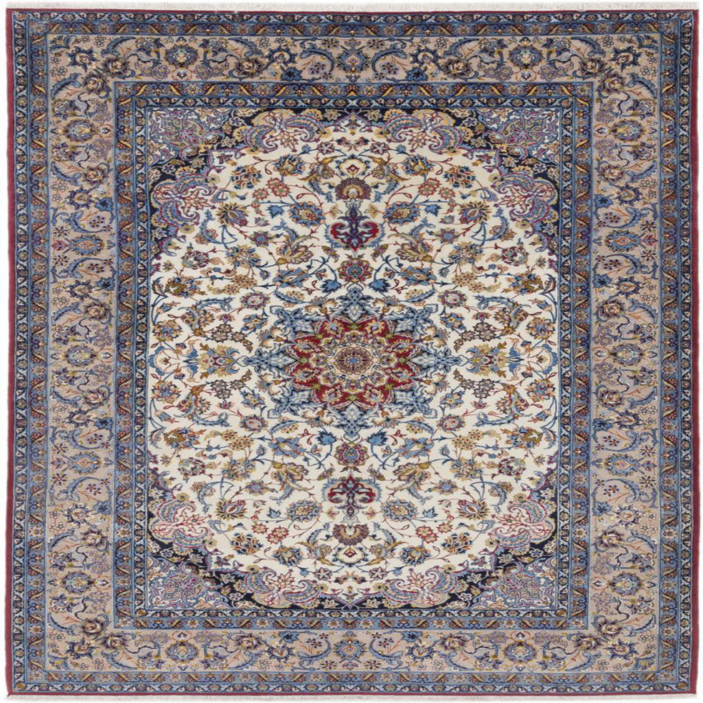A traditional oriental-style area rug with an intricate floral pattern, featuring a cream center, blue and red medallions, and a detailed border.