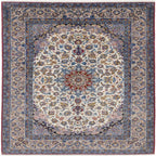 A traditional oriental-style area rug with an intricate floral pattern, featuring a cream center, blue and red medallions, and a detailed border.