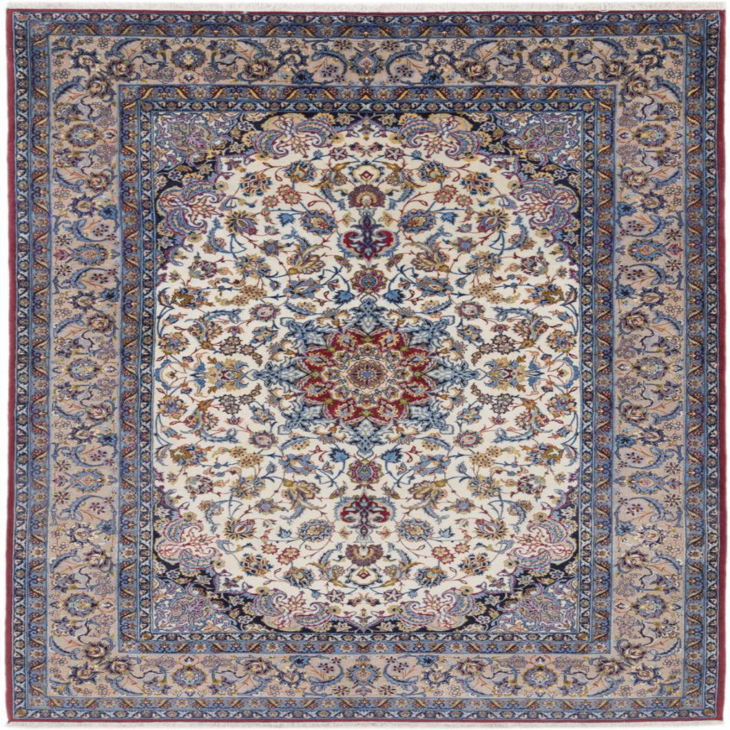 A traditional oriental-style area rug with an intricate floral pattern, featuring a cream center, blue and red medallions, and a detailed border.