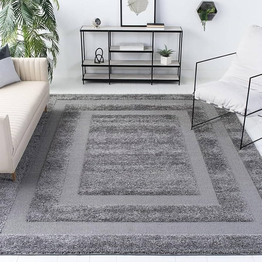 Layered Border Charcoal Concentric Rectangle Plush Shaggy Carpets & Rugs