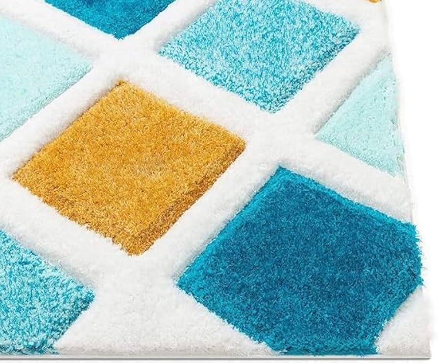 Diamond Mosaic Shaggy Blue & Gold Lattice Plush Shaggy Carpets & Rugs