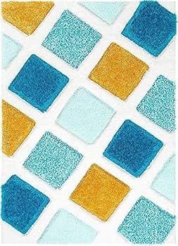 Diamond Mosaic Shaggy Blue & Gold Lattice Plush Shaggy Carpets & Rugs