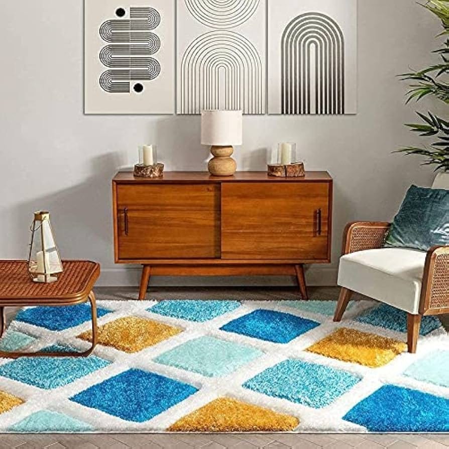 Diamond Mosaic Shaggy Blue & Gold Lattice Plush Shaggy Carpets & Rugs