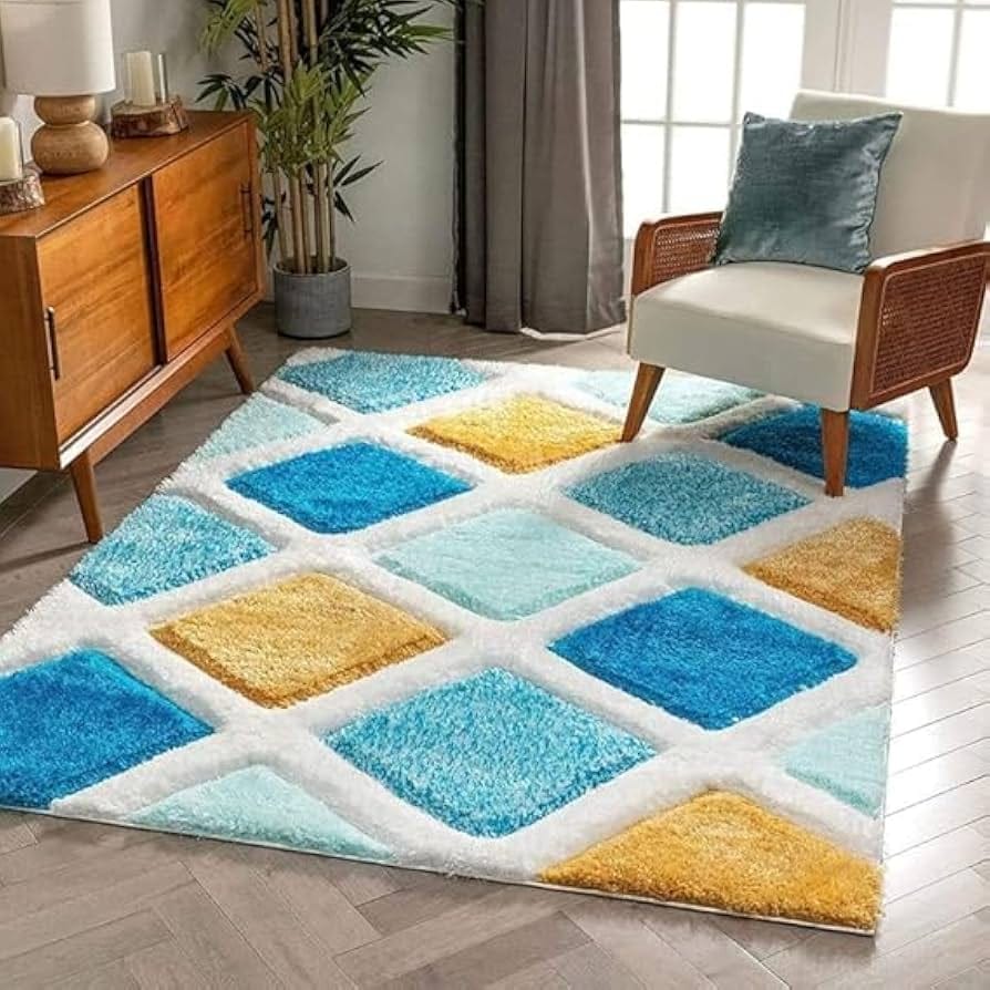 Diamond Mosaic Shaggy Blue & Gold Lattice Plush Shaggy Carpets & Rugs