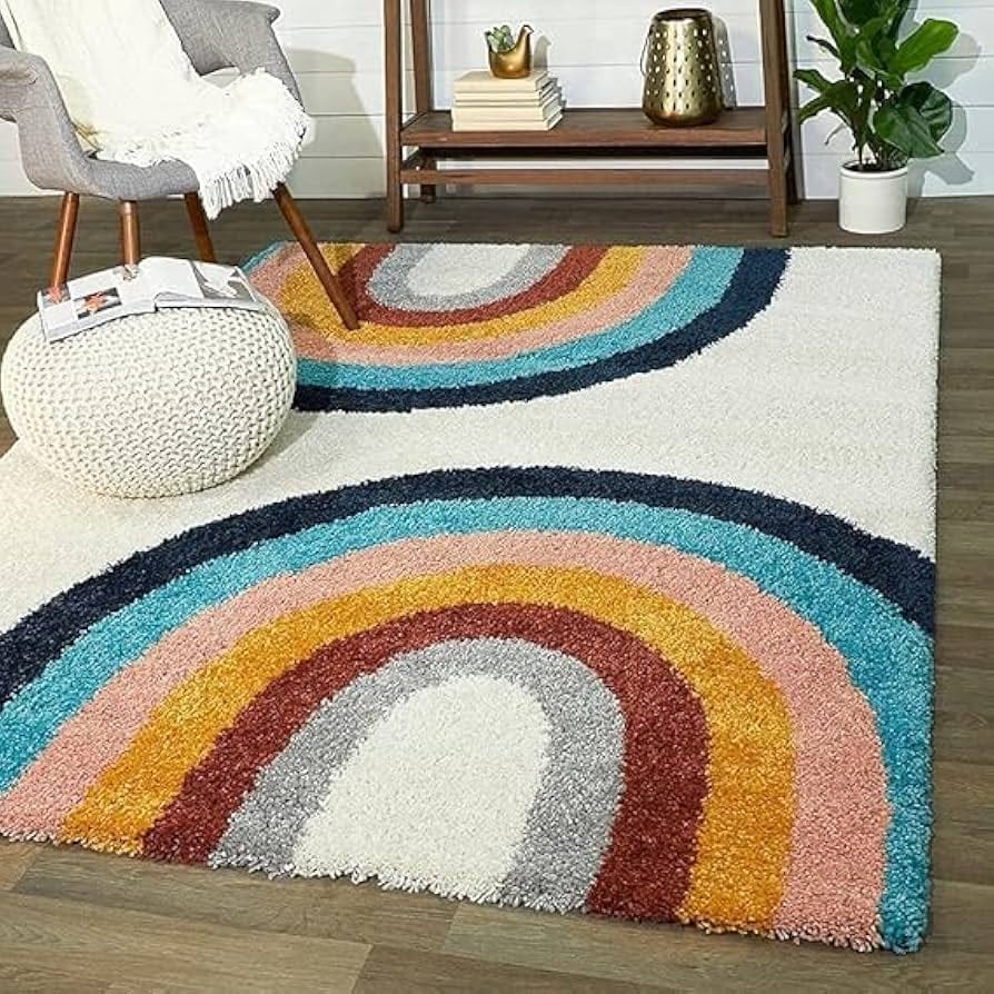 Rainbow Arc Sunset Curves Plush Multi-Tone Wave Shaggy Carpets & Rugs
