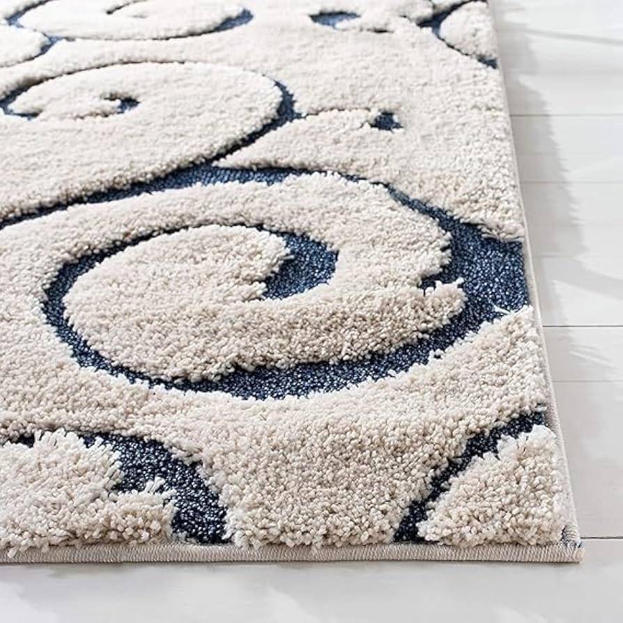 Elegant Flourish Cream Scroll Plush Shaggy Carpets & Rugs