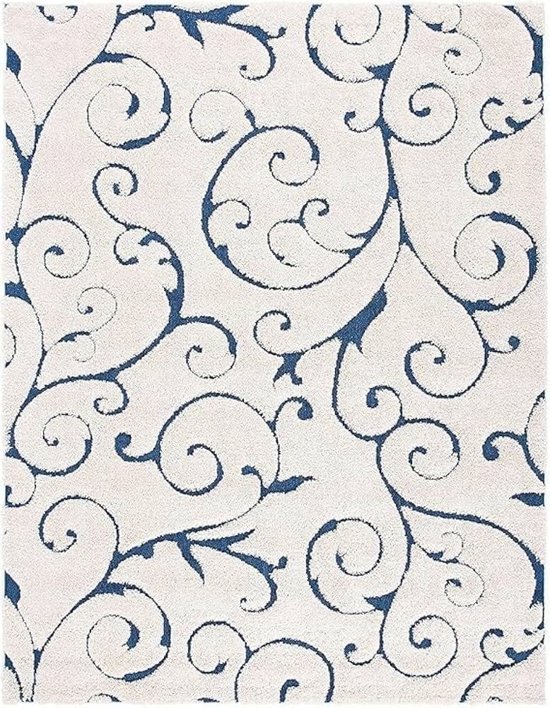 Elegant Flourish Cream Scroll Plush Shaggy Carpets & Rugs