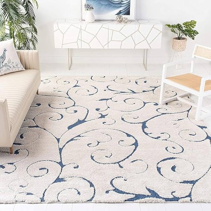 Elegant Flourish Cream Scroll Plush Shaggy Carpets & Rugs