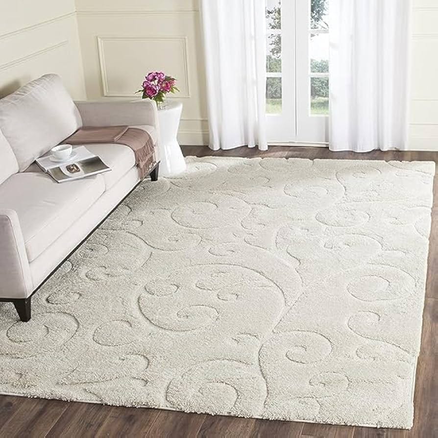 Soft Swirl Ivory Cream Scroll Plush Shaggy Carpet & Rugs