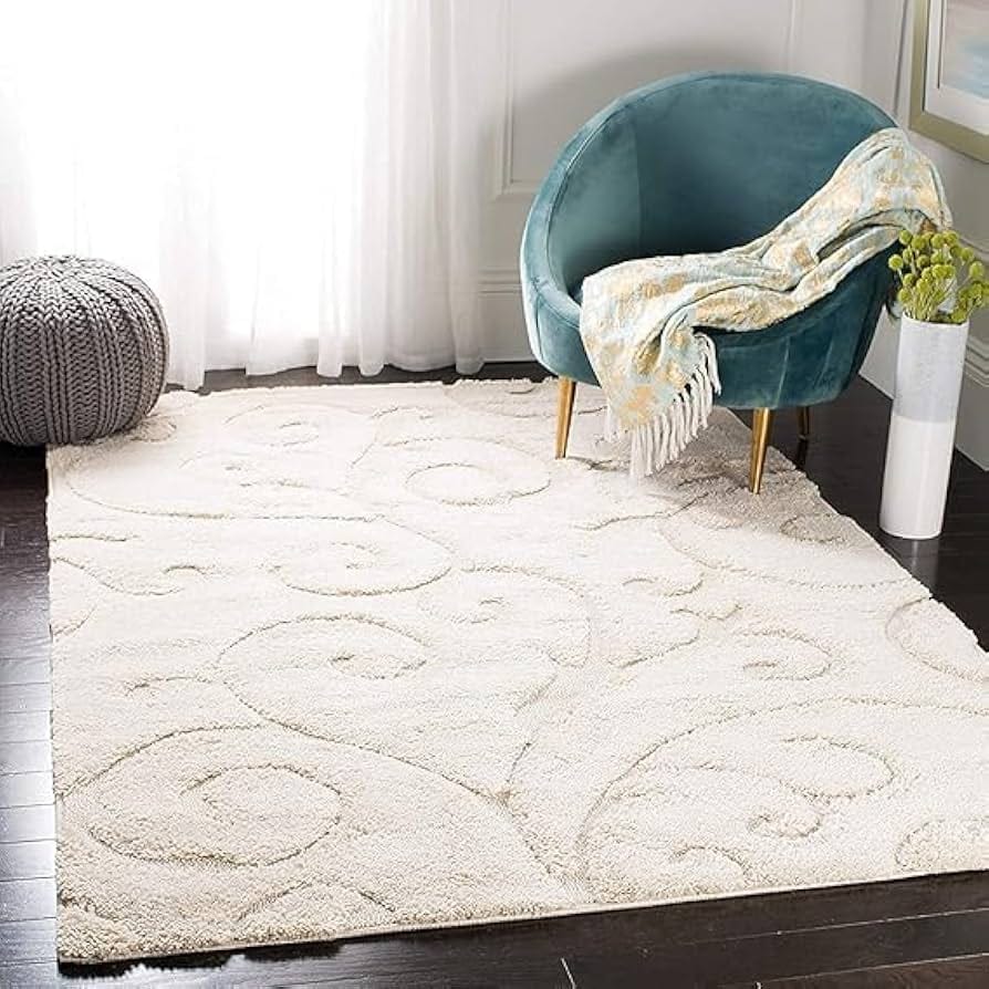 Soft Swirl Ivory Cream Scroll Plush Shaggy Carpet & Rugs