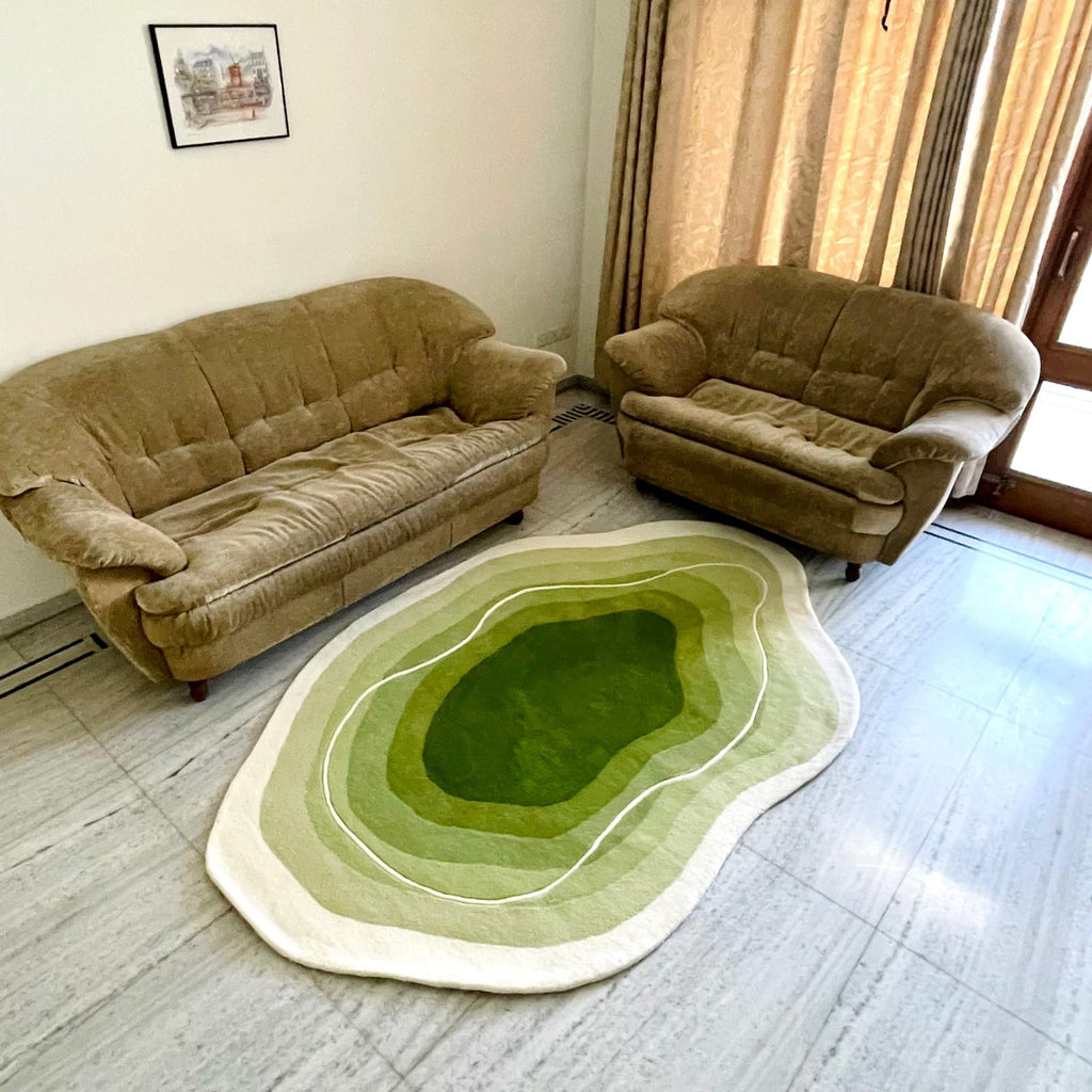 Unshaped Green & White Hand Tufted Carpets & Rugs