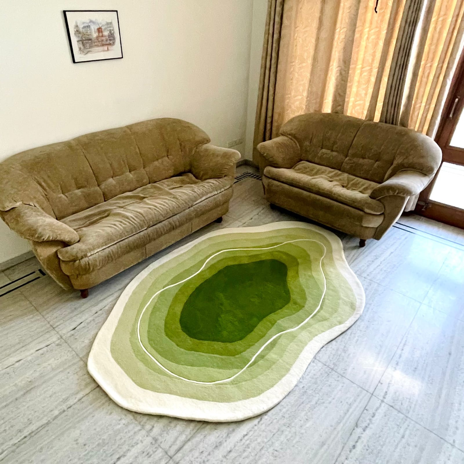 Unshaped Green & White Hand Tufted Carpets & Rugs