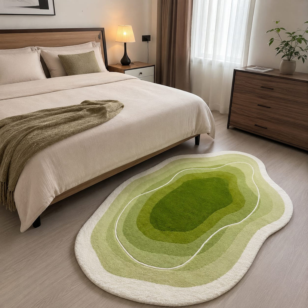 Unshaped Green & White Hand Tufted Carpets & Rugs