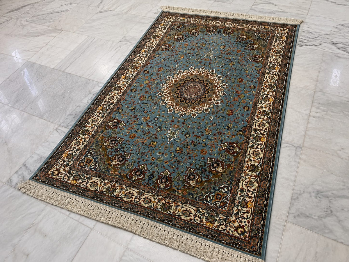 Traditional floral medallions and deep green tones