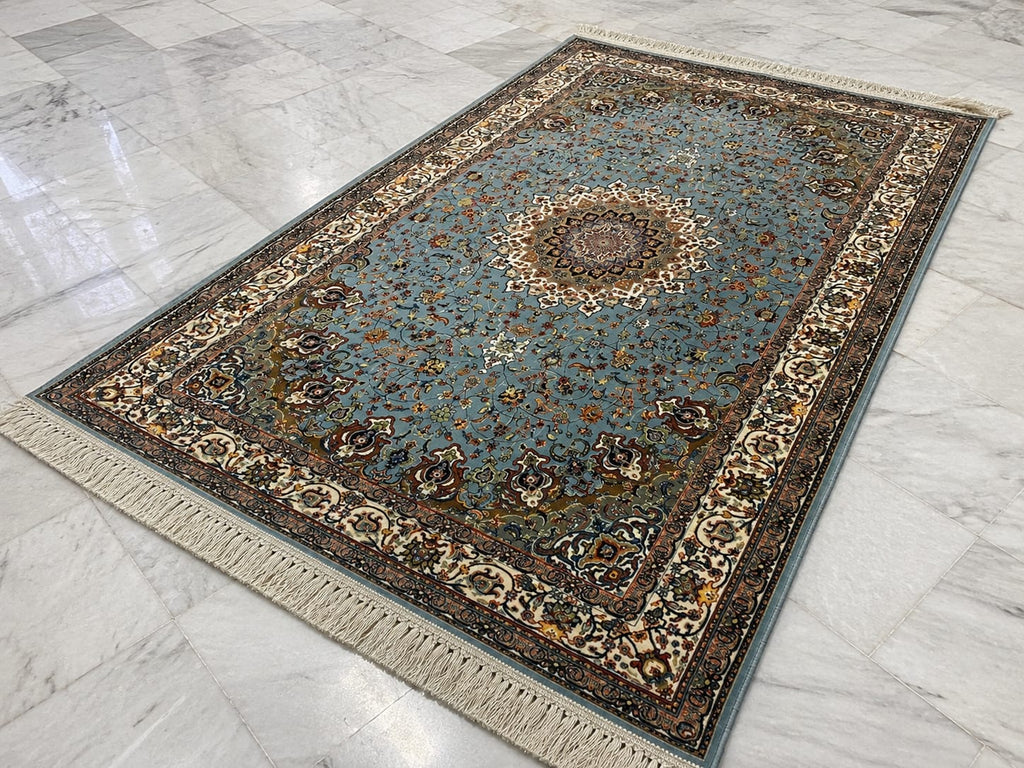 Traditional floral medallions and deep green tones