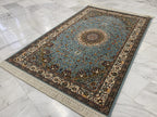 Traditional floral medallions and deep green tones