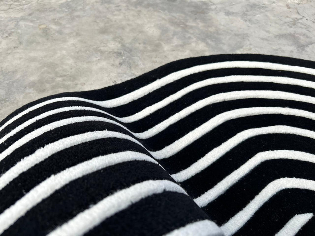 Black Flower Irregular Designer Wool Hand Tufted Rug