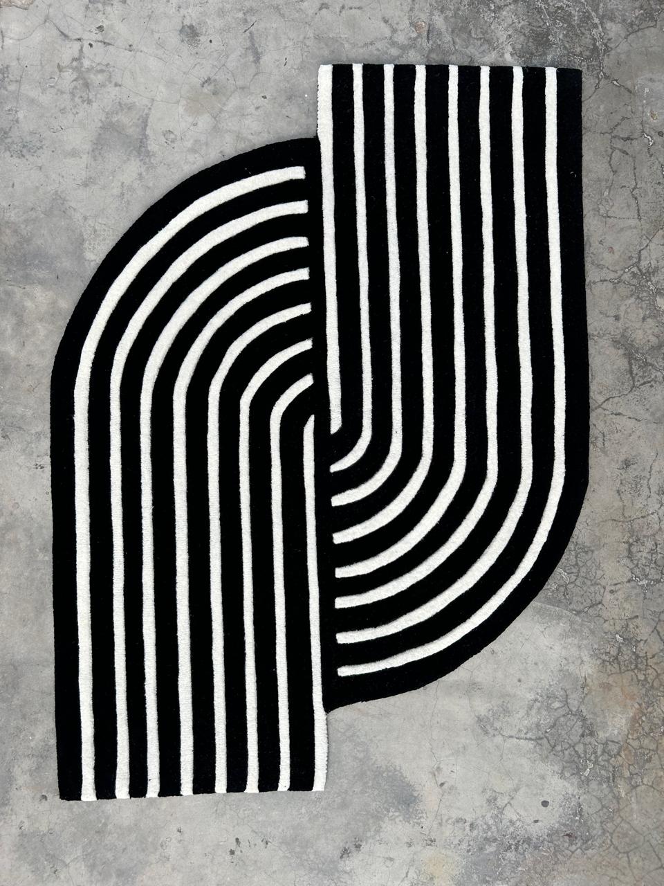 Black Flower Irregular Designer Wool Hand Tufted Rug
