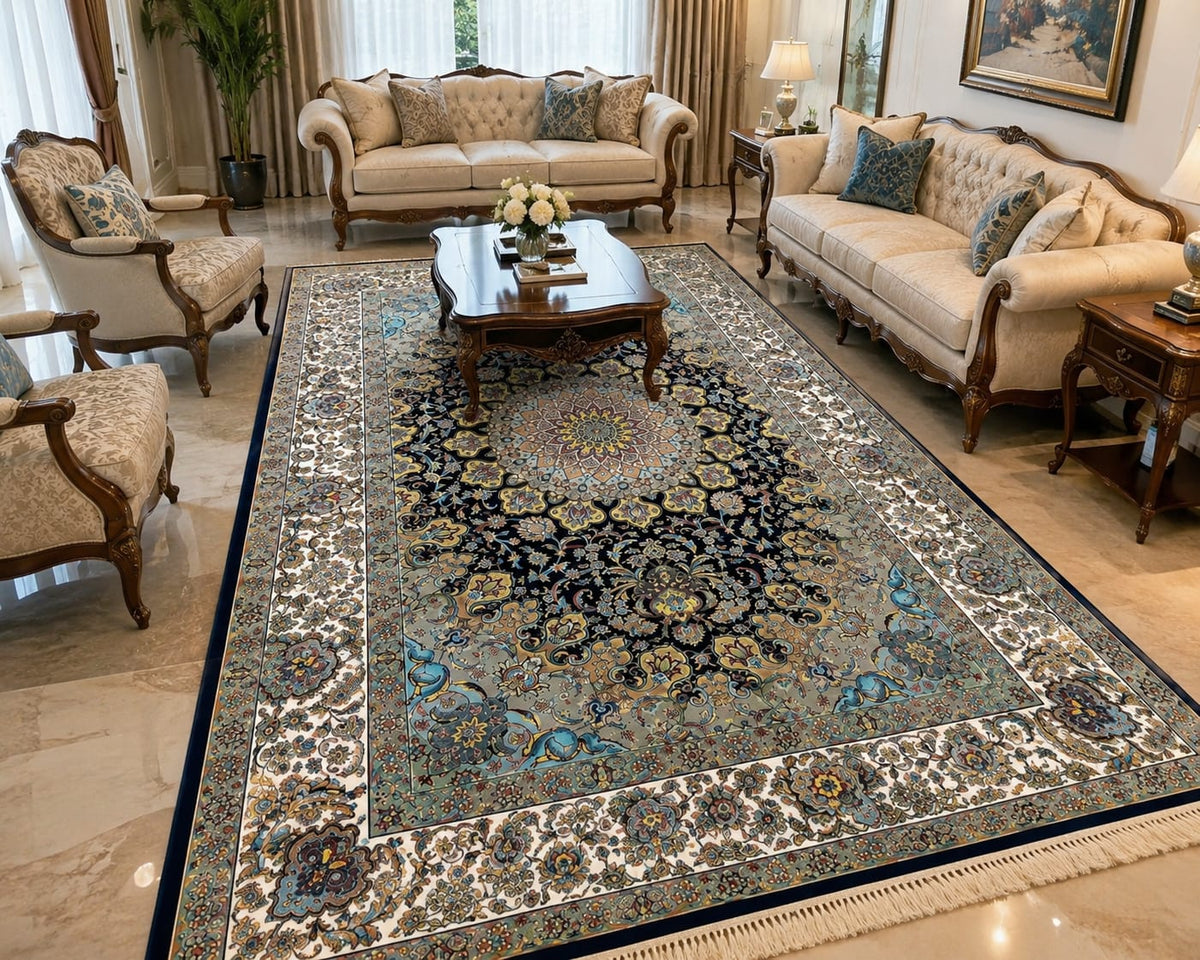Modern Navy and Beige Rug Interior