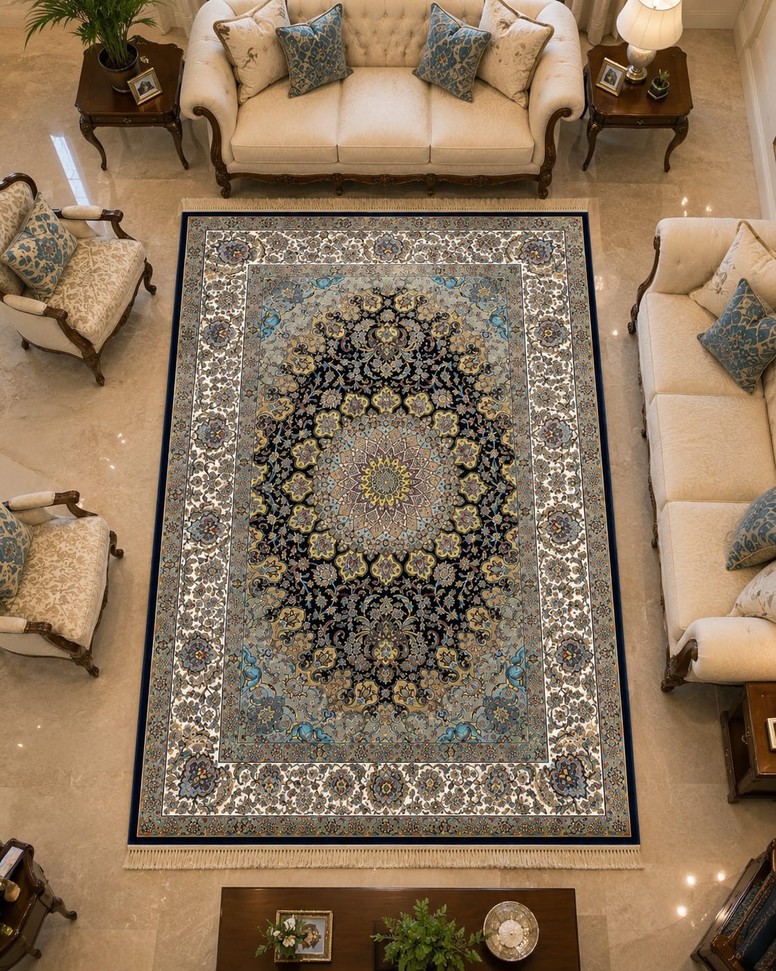 Modern Navy and Beige Rug Interior