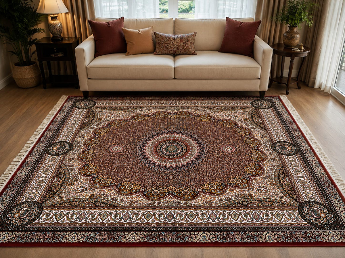 Distressed Navy Abstract Rug on Wood Floor Irani Carpets