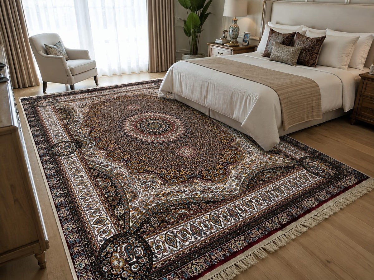 Distressed Navy Abstract Rug on Wood Floor Irani Carpets