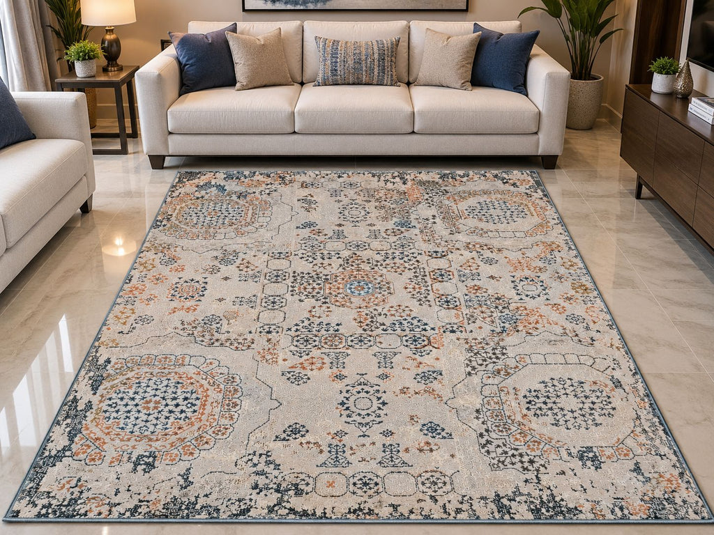 Modern Neutral Living Room with Abstract Rug Carpets