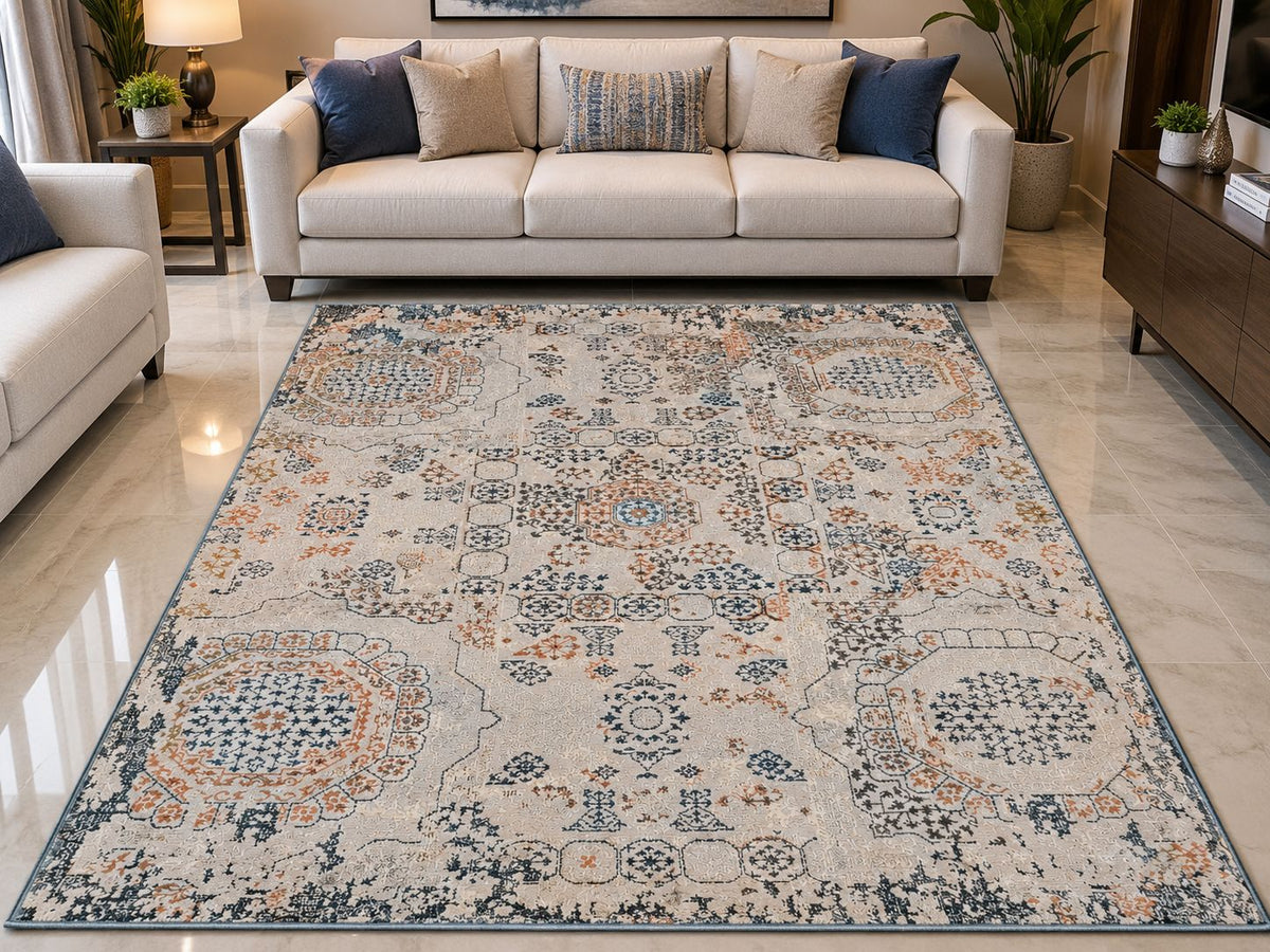 Modern Neutral Living Room with Abstract Rug Carpets