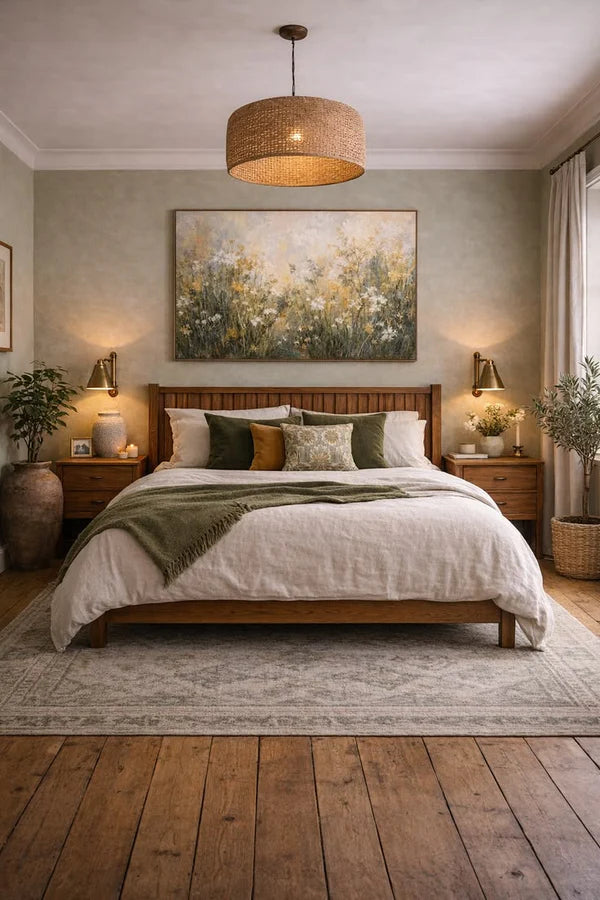 Cozy bedroom with wooden bed, floral painting, and decorative lighting.