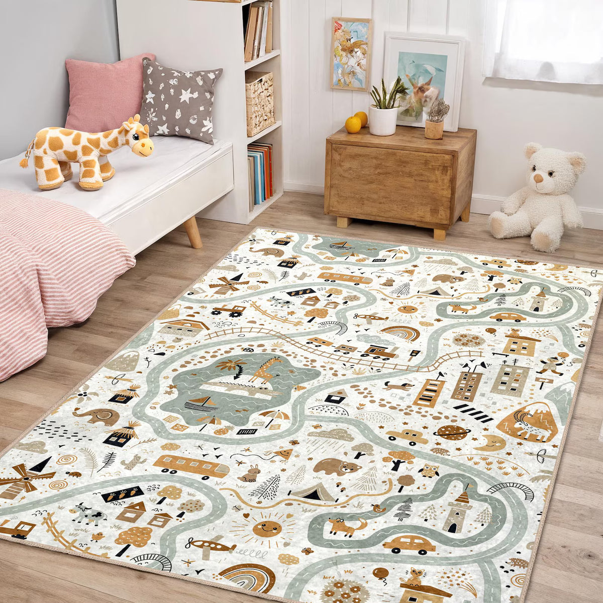 Boho Adventure Road Map Kids Area Rug - Neutral City Safari Play Carpets