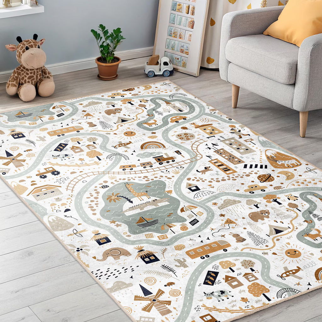 Boho Adventure Road Map Kids Area Rug - Neutral City Safari Play Carpets