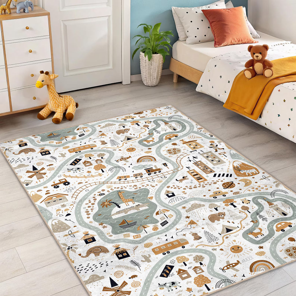 Boho Adventure Road Map Kids Area Rug - Neutral City Safari Play Carpets