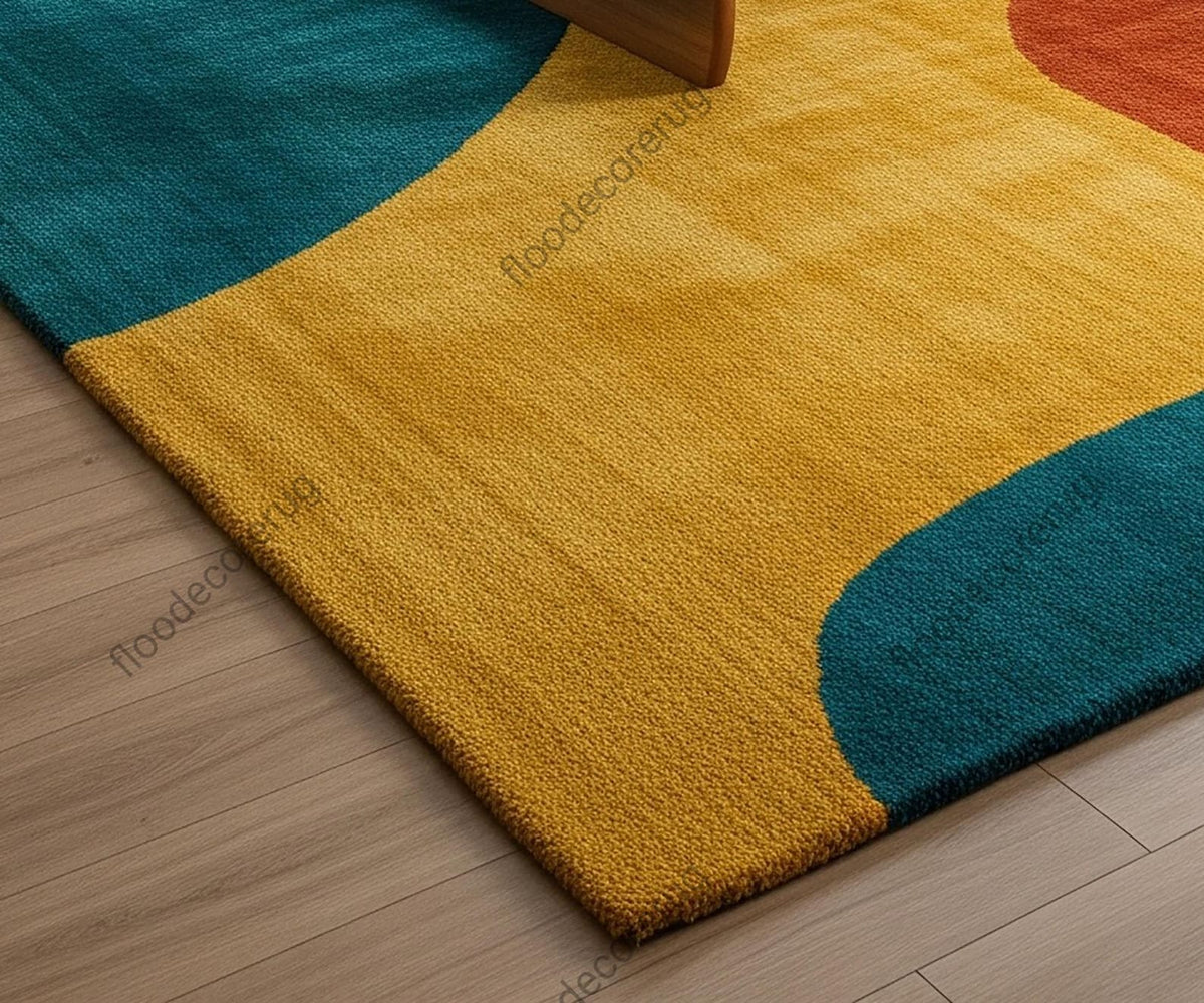 Hand Tufted Modern Abstract Wool Rug, Color Block Area Rug, Mid Century Teal Mustard Rust Rug