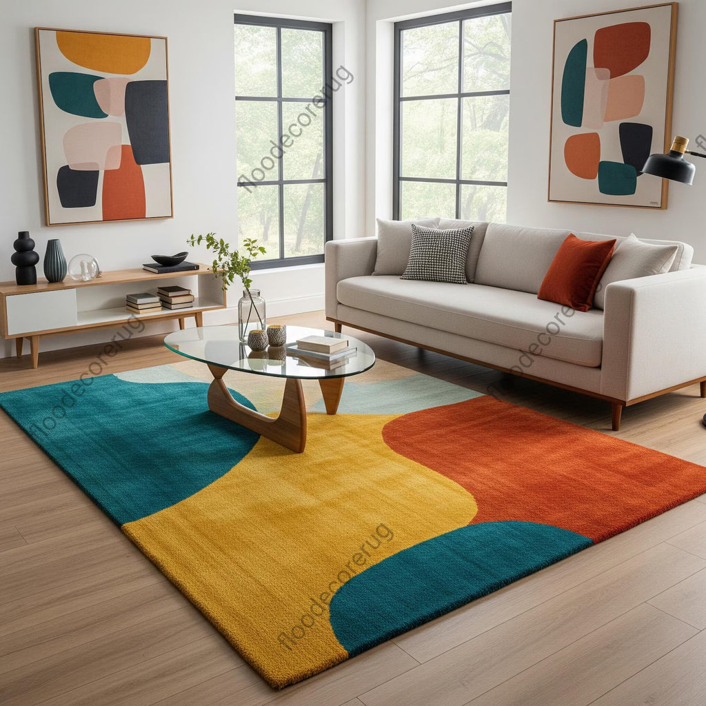 Hand Tufted Modern Abstract Wool Rug, Color Block Area Rug, Mid Century Teal Mustard Rust Rug