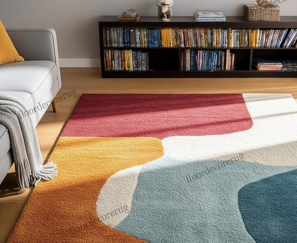 Colorful Abstract Hand Tufted Rug, Mid Century Modern Wool Area Rugs for Living Room