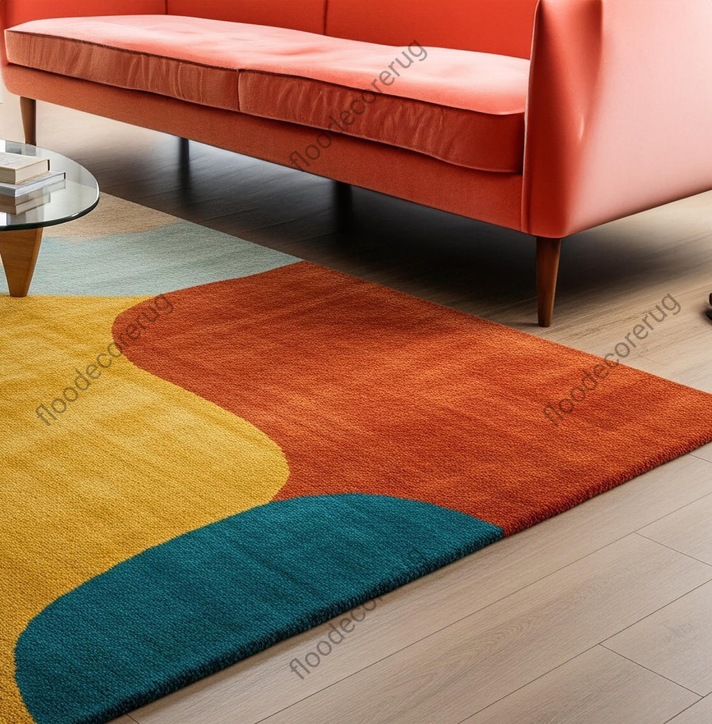 Hand Tufted Modern Abstract Wool Rug, Color Block Area Rug, Mid Century Teal Mustard Rust Rug