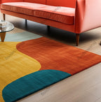 Hand Tufted Modern Abstract Wool Rug, Color Block Area Rug, Mid Century Teal Mustard Rust Rug