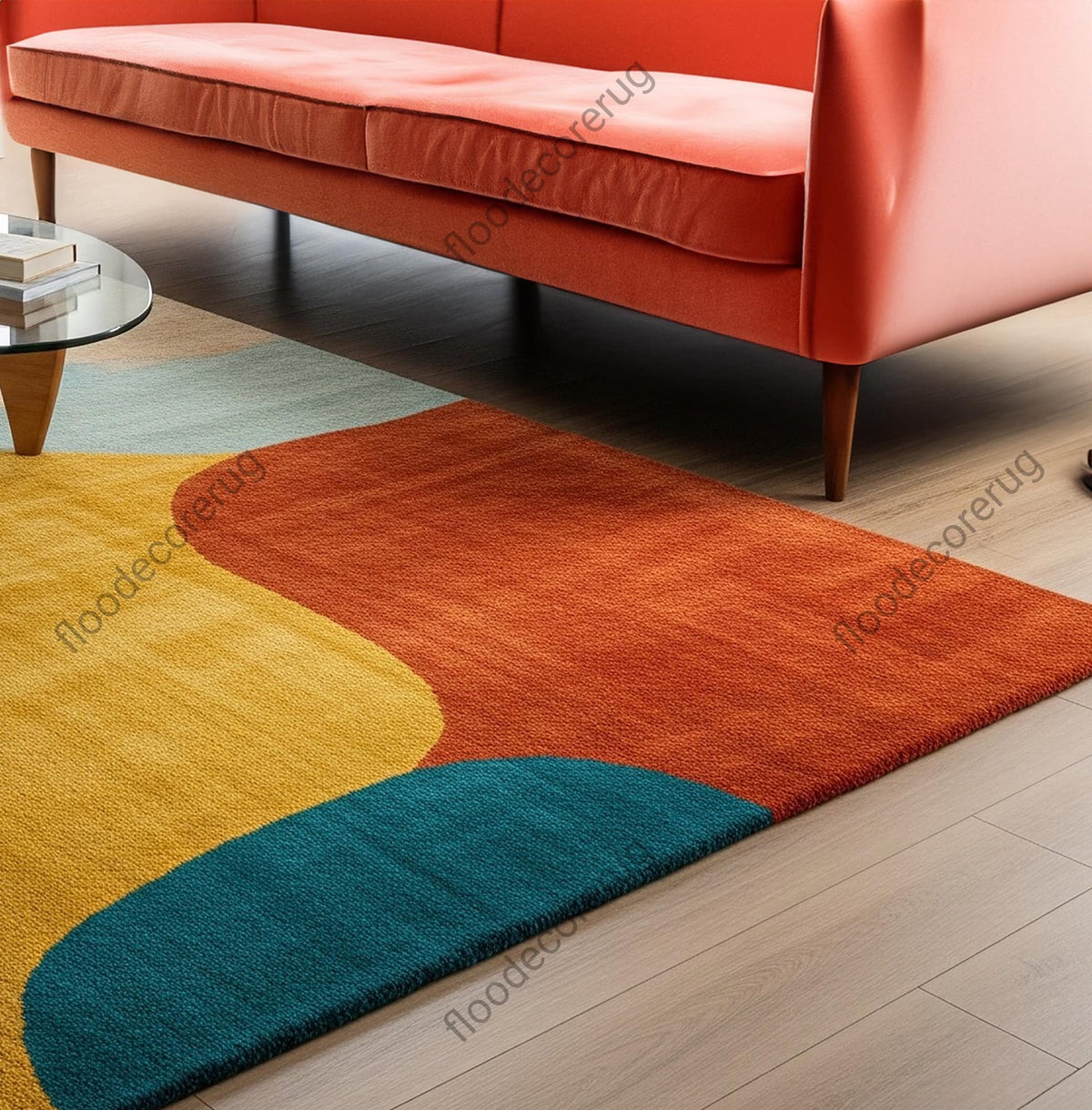 Hand Tufted Modern Abstract Wool Rug, Color Block Area Rug, Mid Century Teal Mustard Rust Rug