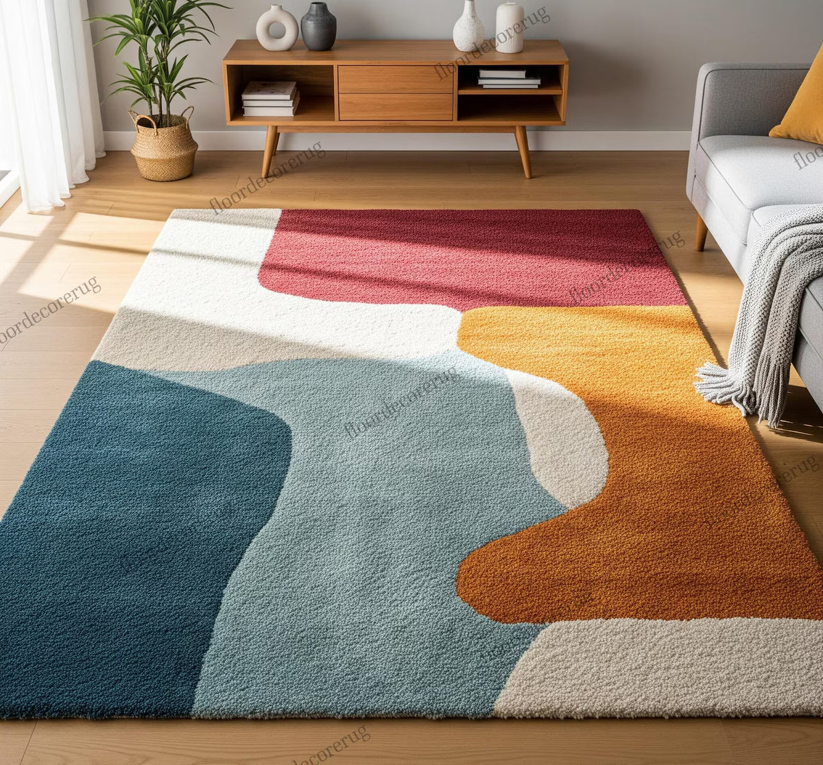 Colorful Abstract Hand Tufted Rug, Mid Century Modern Wool Area Rugs for Living Room