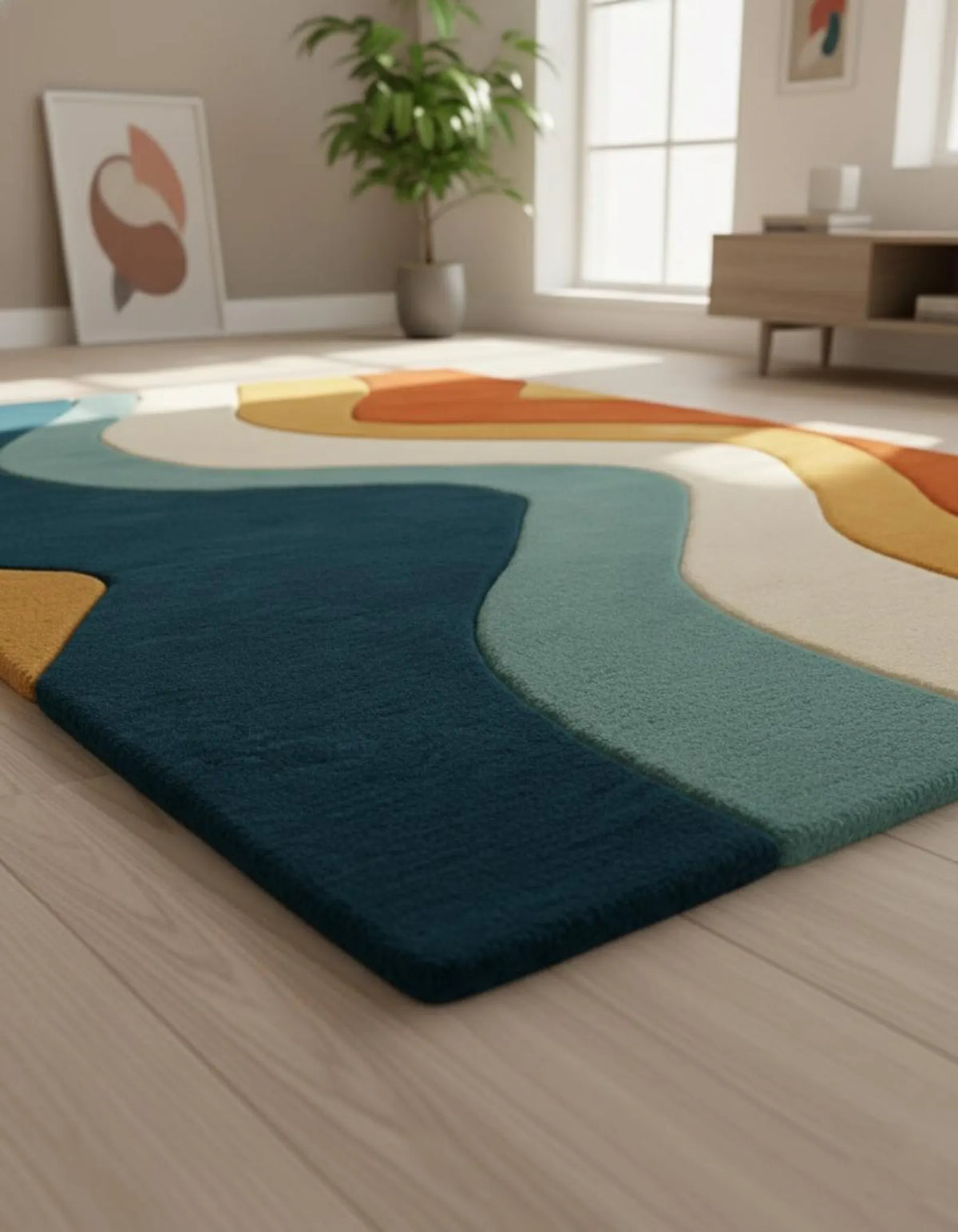 Retro Wavy Area Rug | Handmade Wool Tufted Rug | Mid Century Modern Decor