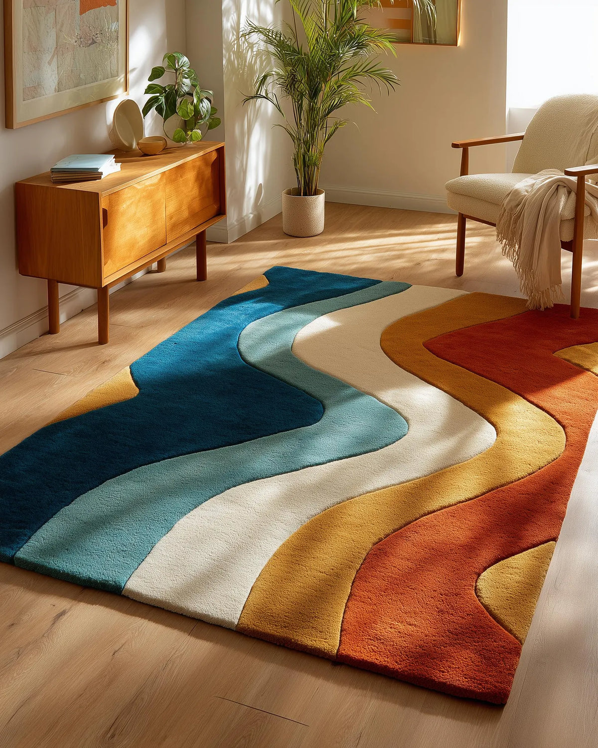 Retro Wavy Area Rug | Handmade Wool Tufted Rug | Mid Century Modern Decor