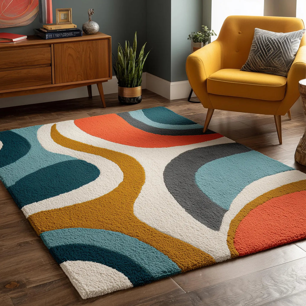 Hand Tufted Area Rug: Mid Century Modern Wavy Abstract Teppich Carpets