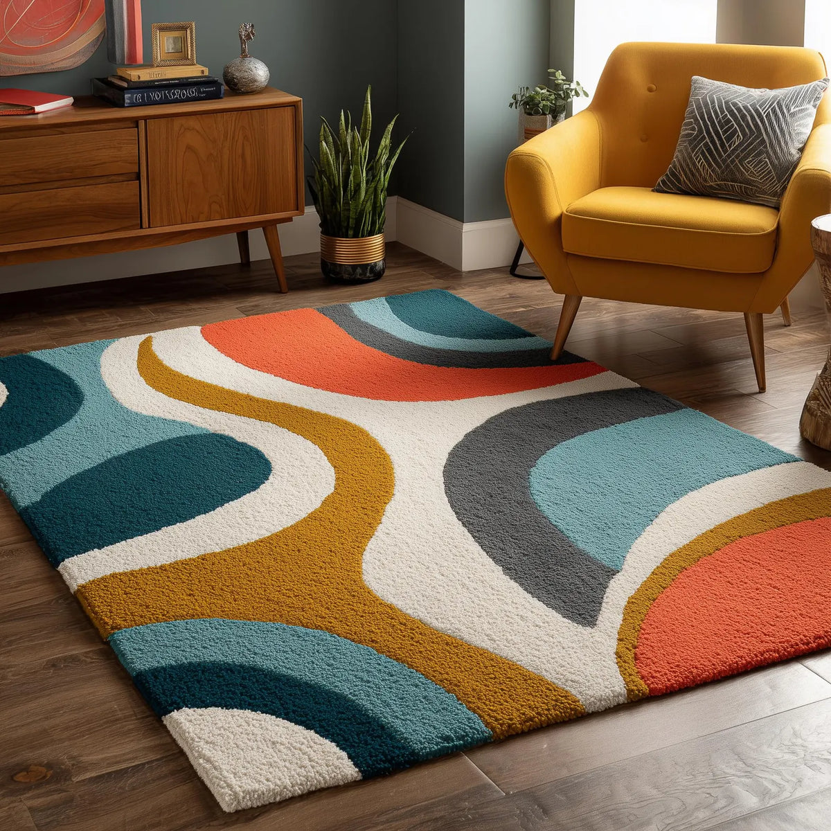 Hand Tufted Area Rug: Mid Century Modern Wavy Abstract Teppich Carpets