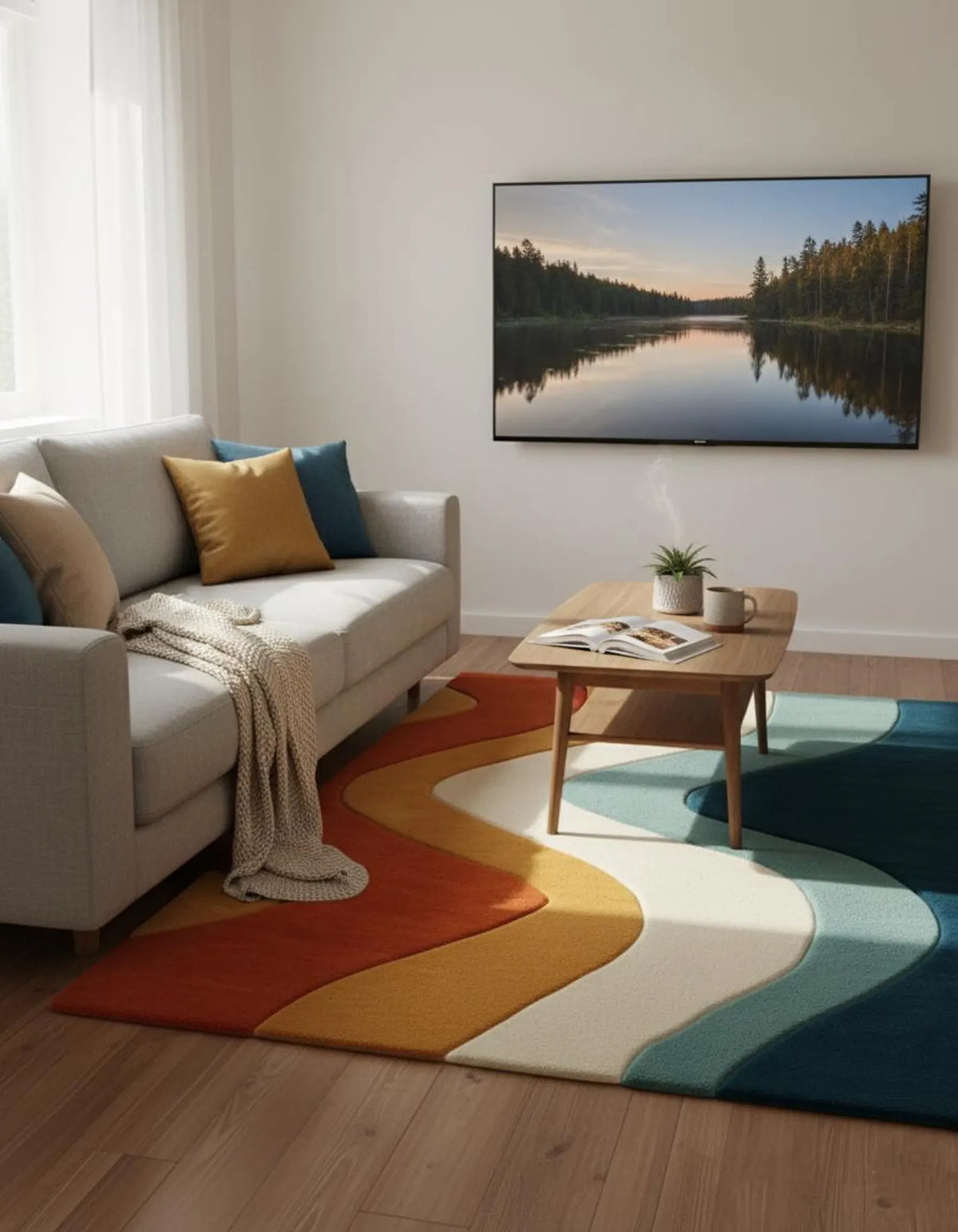 Retro Wavy Area Rug | Handmade Wool Tufted Rug | Mid Century Modern Decor