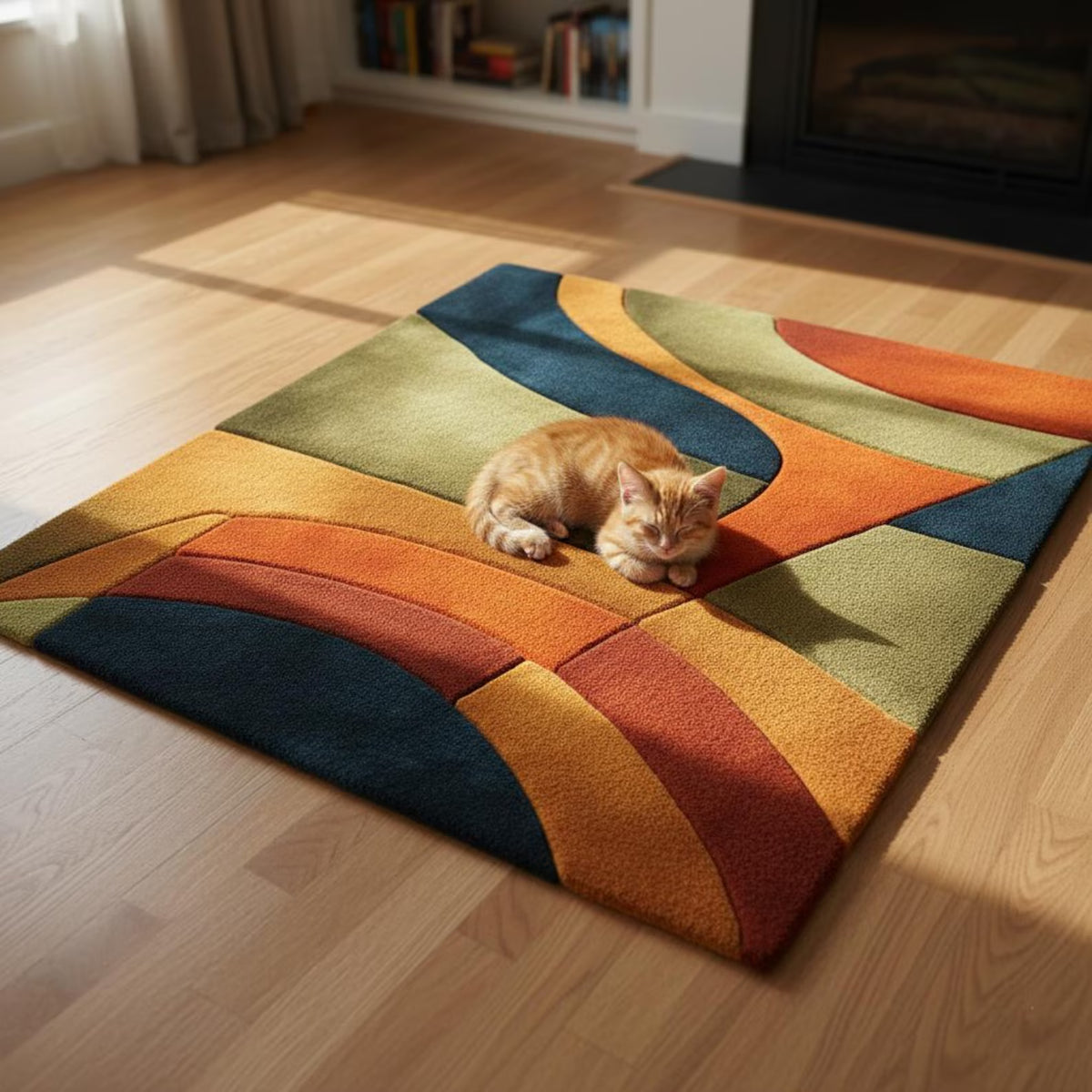 Mid Century Wavy Abstract Rug, Retro Geometric Pattern Carpet