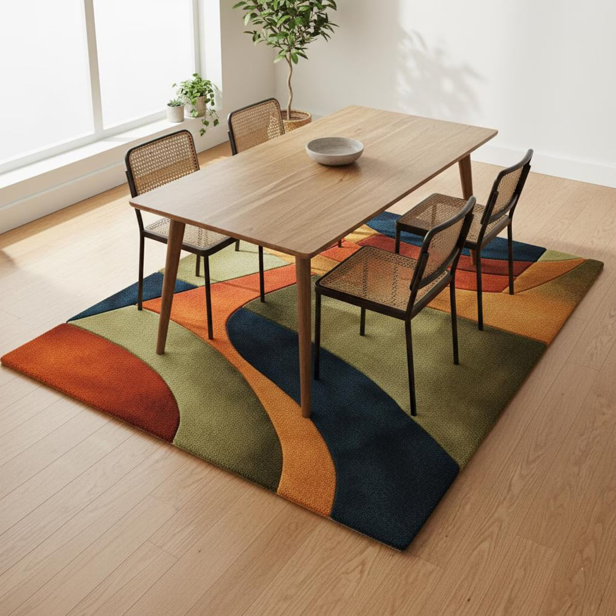 Mid Century Wavy Abstract Rug, Retro Geometric Pattern Carpet